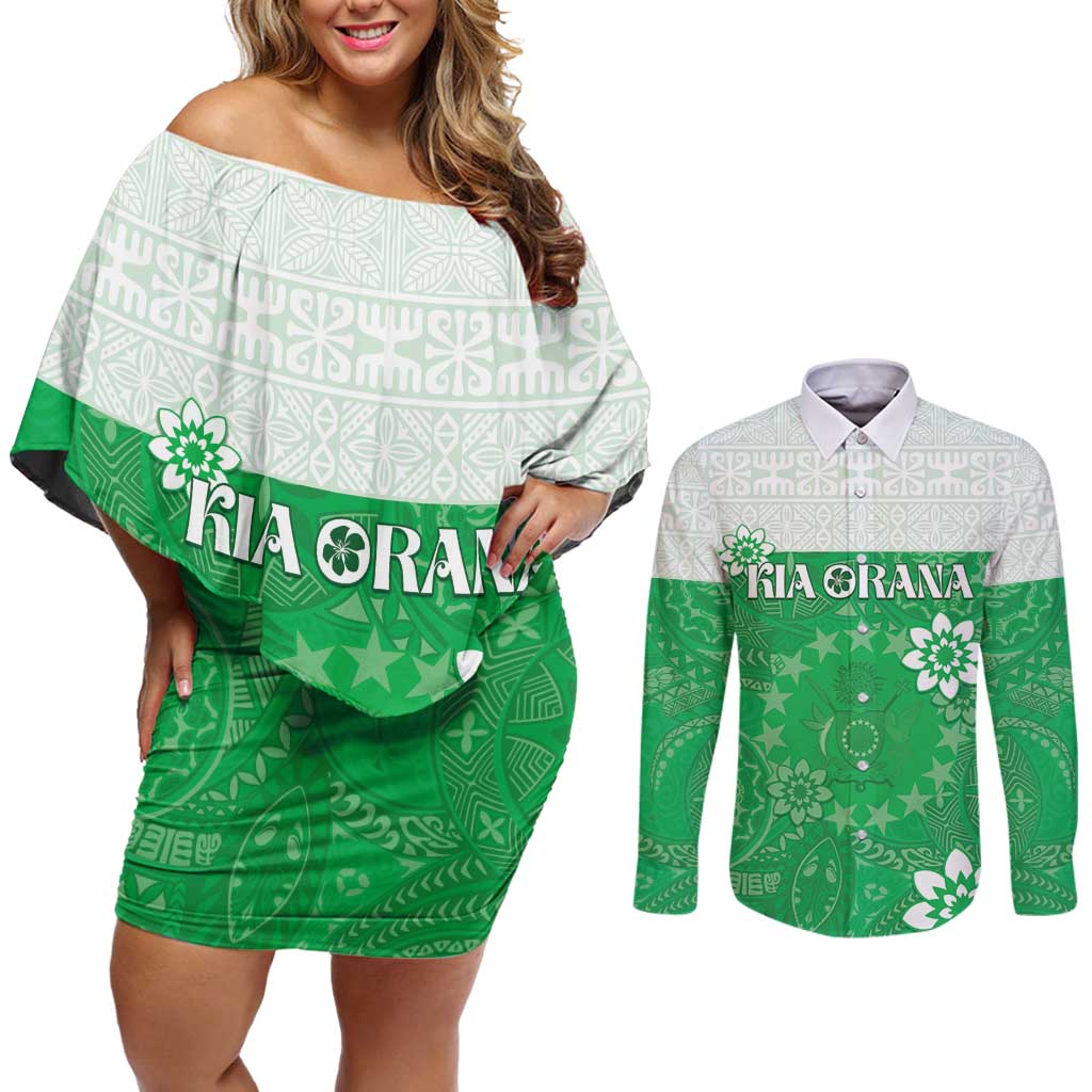 Cook Islands Maori Language Week Couples Matching Off Shoulder Short Dress and Long Sleeve Button Shirt Pacific Tapa Pattern LT05 Green - Polynesian Pride