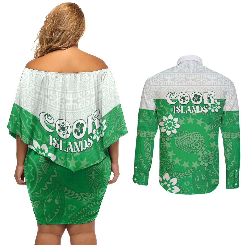 Cook Islands Maori Language Week Couples Matching Off Shoulder Short Dress and Long Sleeve Button Shirt Pacific Tapa Pattern LT05 - Polynesian Pride