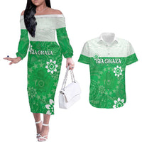 Cook Islands Maori Language Week Couples Matching Off The Shoulder Long Sleeve Dress and Hawaiian Shirt Pacific Tapa Pattern LT05 Green - Polynesian Pride