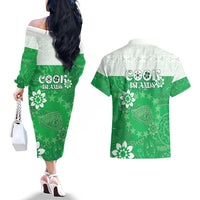 Cook Islands Maori Language Week Couples Matching Off The Shoulder Long Sleeve Dress and Hawaiian Shirt Pacific Tapa Pattern LT05 - Polynesian Pride