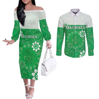 Cook Islands Maori Language Week Couples Matching Off The Shoulder Long Sleeve Dress and Long Sleeve Button Shirt Pacific Tapa Pattern LT05 Green - Polynesian Pride