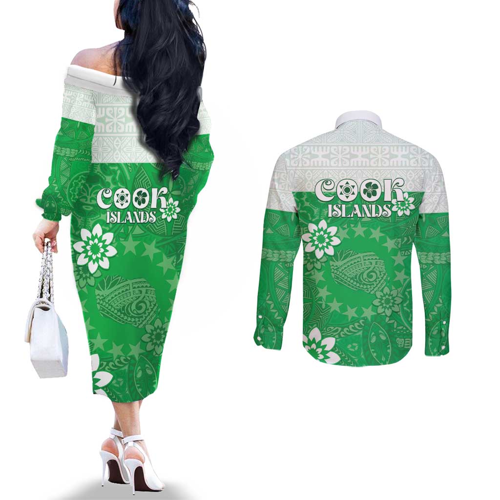 Cook Islands Maori Language Week Couples Matching Off The Shoulder Long Sleeve Dress and Long Sleeve Button Shirt Pacific Tapa Pattern LT05 - Polynesian Pride