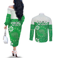 Cook Islands Maori Language Week Couples Matching Off The Shoulder Long Sleeve Dress and Long Sleeve Button Shirt Pacific Tapa Pattern LT05 - Polynesian Pride