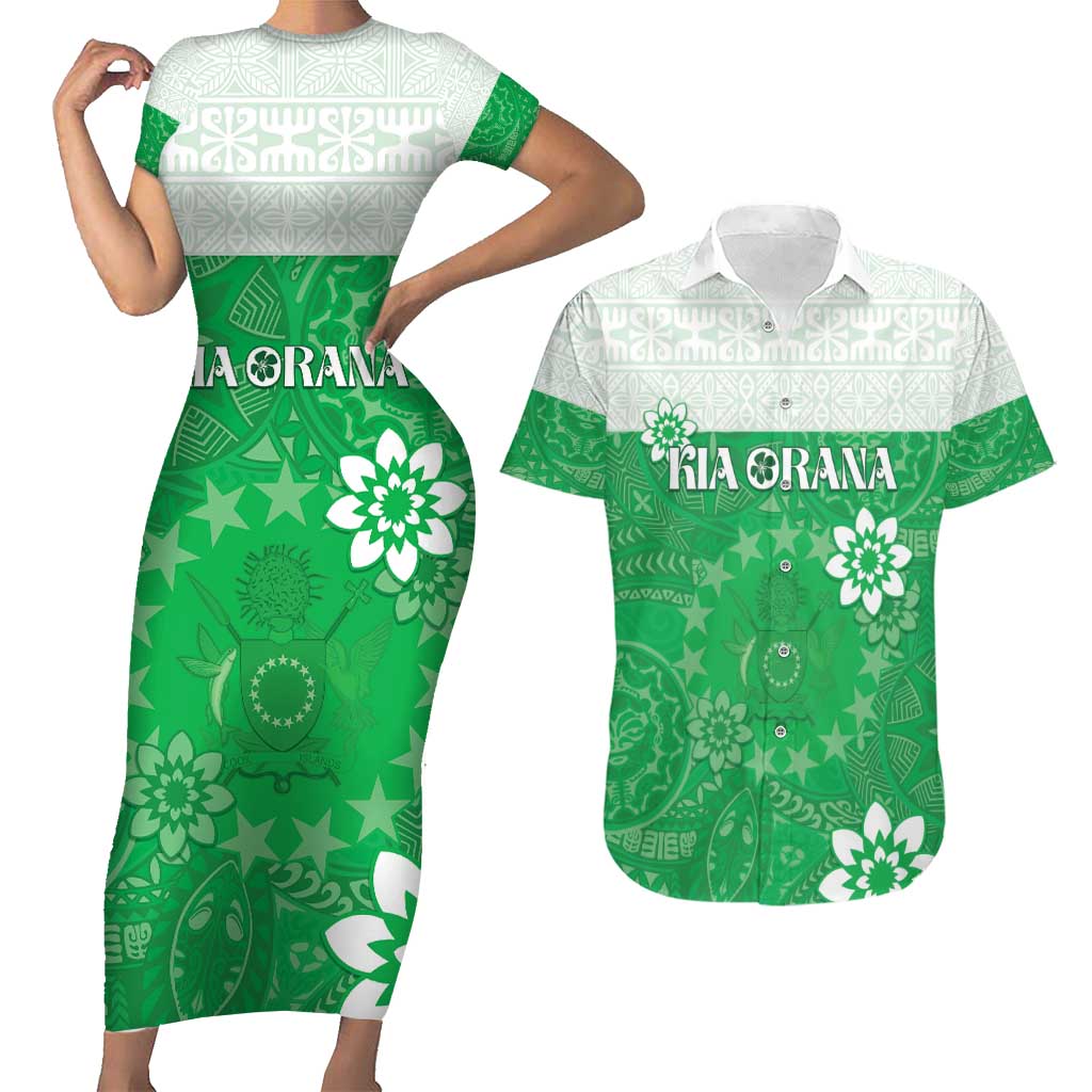 Cook Islands Maori Language Week Couples Matching Short Sleeve Bodycon Dress and Hawaiian Shirt Pacific Tapa Pattern LT05 Green - Polynesian Pride