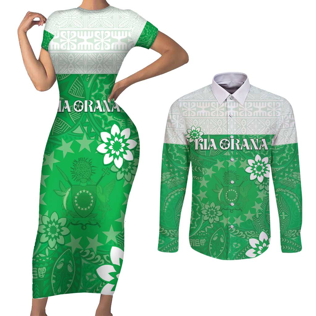 Cook Islands Maori Language Week Couples Matching Short Sleeve Bodycon Dress and Long Sleeve Button Shirt Pacific Tapa Pattern LT05 Green - Polynesian Pride
