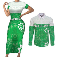 Cook Islands Maori Language Week Couples Matching Short Sleeve Bodycon Dress and Long Sleeve Button Shirt Pacific Tapa Pattern LT05 Green - Polynesian Pride
