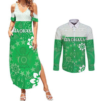 Cook Islands Maori Language Week Couples Matching Summer Maxi Dress and Long Sleeve Button Shirt Pacific Tapa Pattern LT05 Green - Polynesian Pride