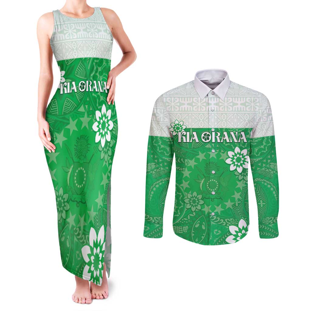 Cook Islands Maori Language Week Couples Matching Tank Maxi Dress and Long Sleeve Button Shirt Pacific Tapa Pattern LT05 Green - Polynesian Pride