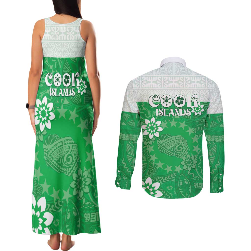 Cook Islands Maori Language Week Couples Matching Tank Maxi Dress and Long Sleeve Button Shirt Pacific Tapa Pattern LT05 - Polynesian Pride