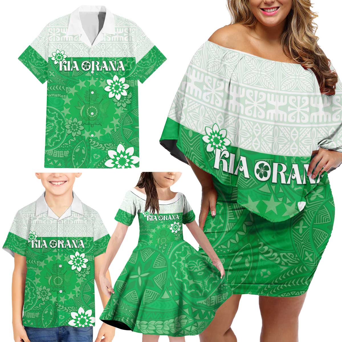 Cook Islands Maori Language Week Family Matching Off Shoulder Short Dress and Hawaiian Shirt Pacific Tapa Pattern