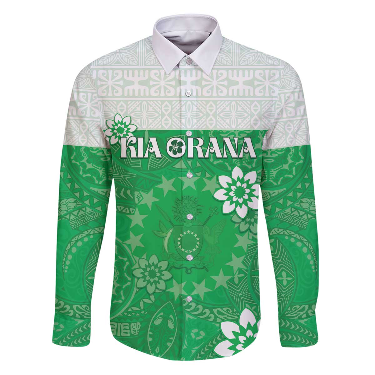 Cook Islands Maori Language Week Family Matching Puletasi and Hawaiian Shirt Pacific Tapa Pattern LT05 Dad's Shirt - Long Sleeve Green - Polynesian Pride