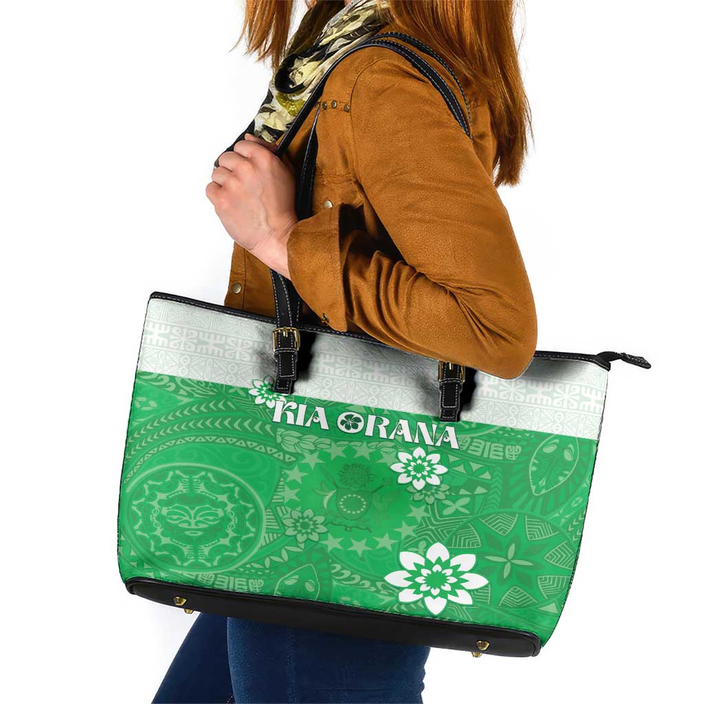 Cook Islands Maori Language Week Leather Tote Bag Pacific Tapa Pattern LT05 Green - Polynesian Pride