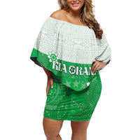 Cook Islands Maori Language Week Off Shoulder Short Dress Pacific Tapa Pattern LT05 Women Green - Polynesian Pride