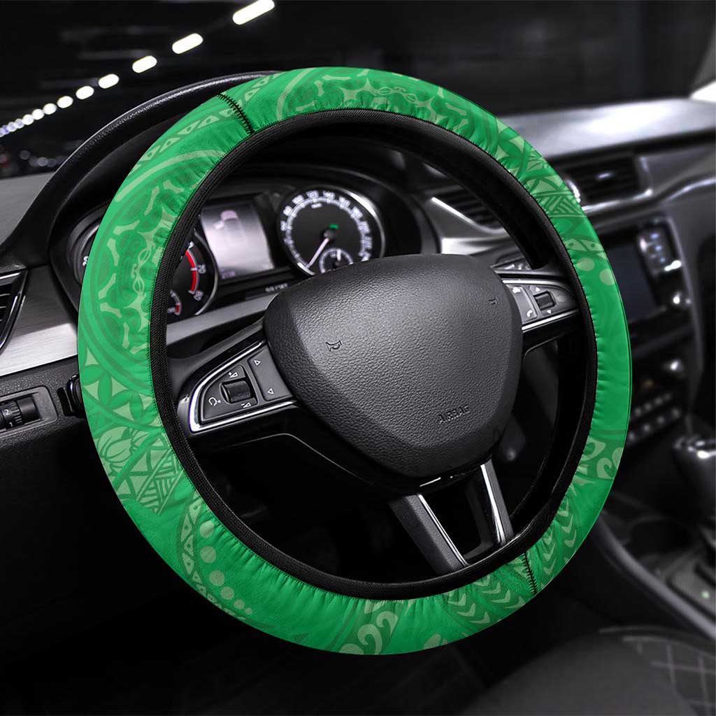 Cook Islands Maori Language Week Steering Wheel Cover Pacific Tapa Pattern LT05 Universal Fit Green - Polynesian Pride
