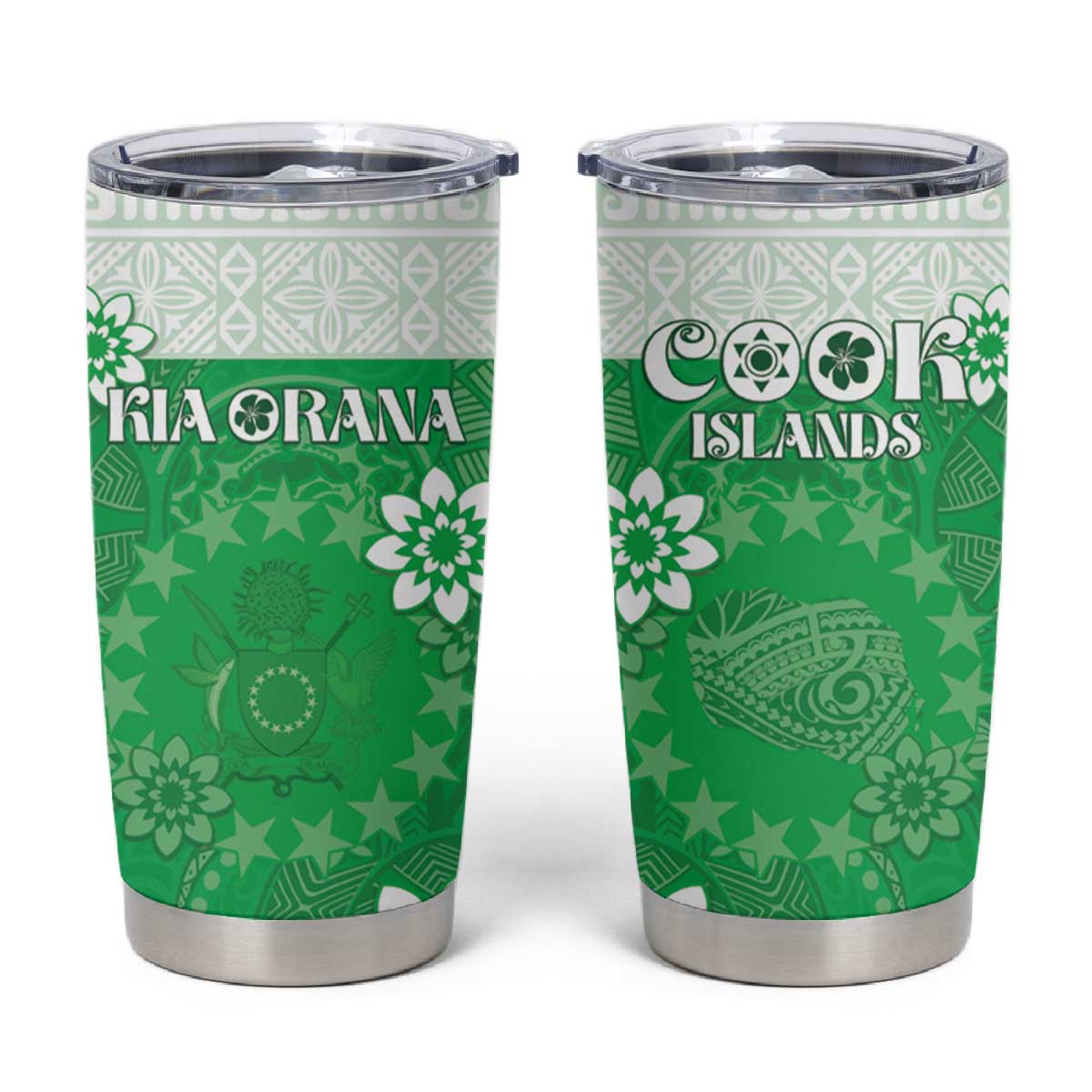 Cook Islands Maori Language Week Tumbler Cup Pacific Tapa Pattern LT05 Green - Polynesian Pride