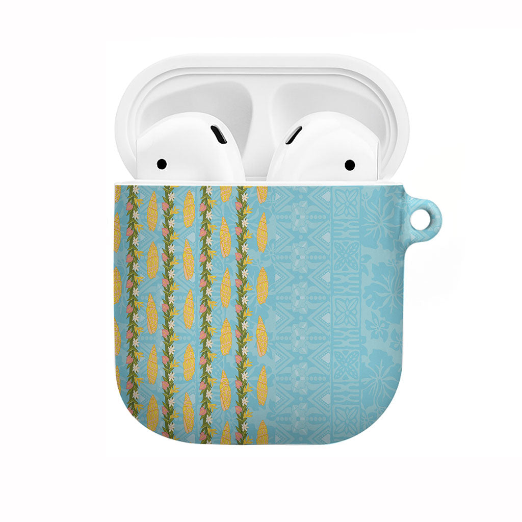 Hawaii Shell Tiare Anthurium Heliconia Lei AirPods Case With Tapa Pattern Baby Blue