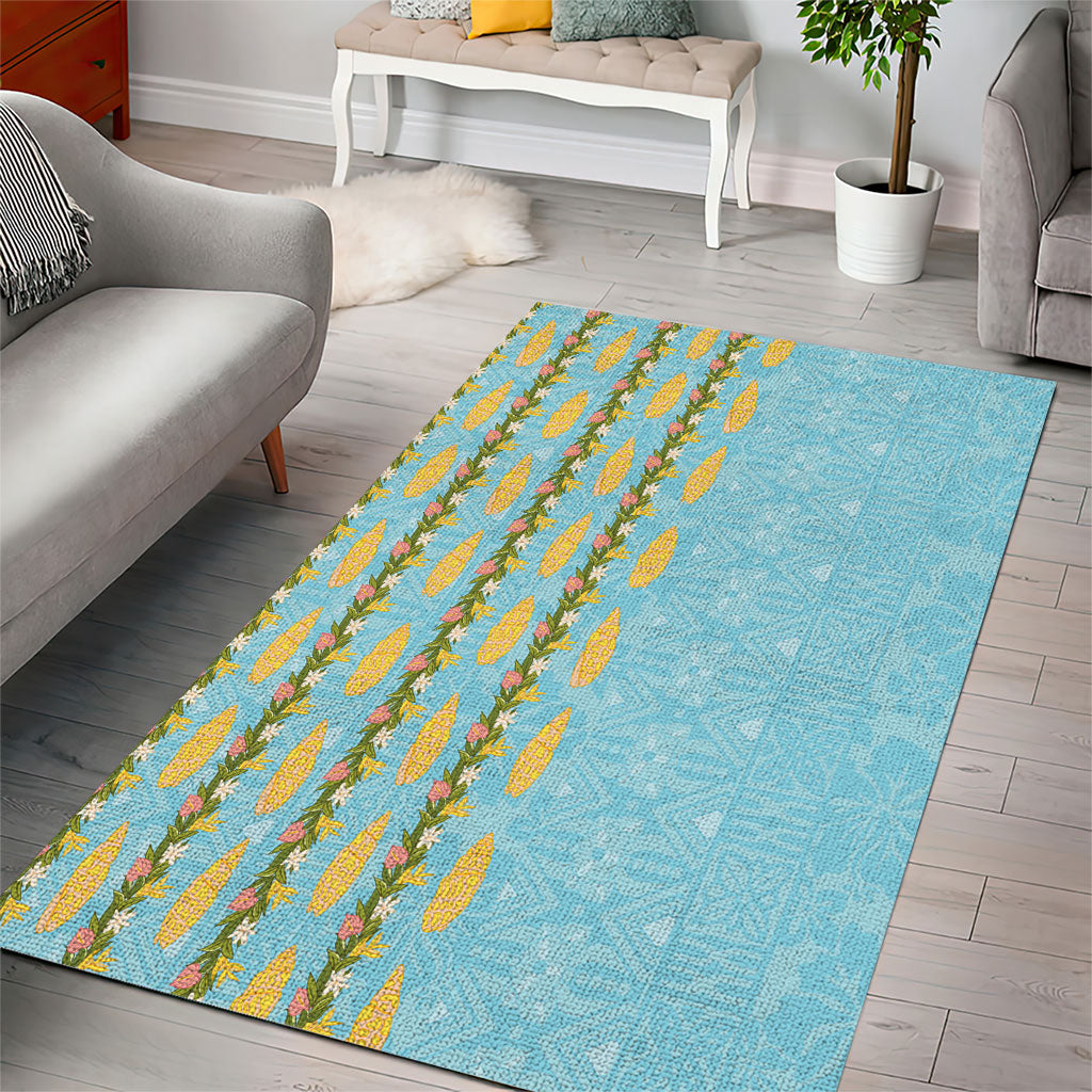 Hawaii Shell Tiare Anthurium Heliconia Lei Area Rug With Tapa Pattern Baby Blue