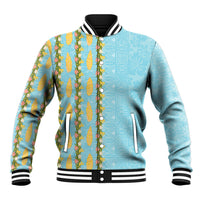 Hawaii Shell Tiare Anthurium Heliconia Lei Baseball Jacket With Tapa Pattern Baby Blue