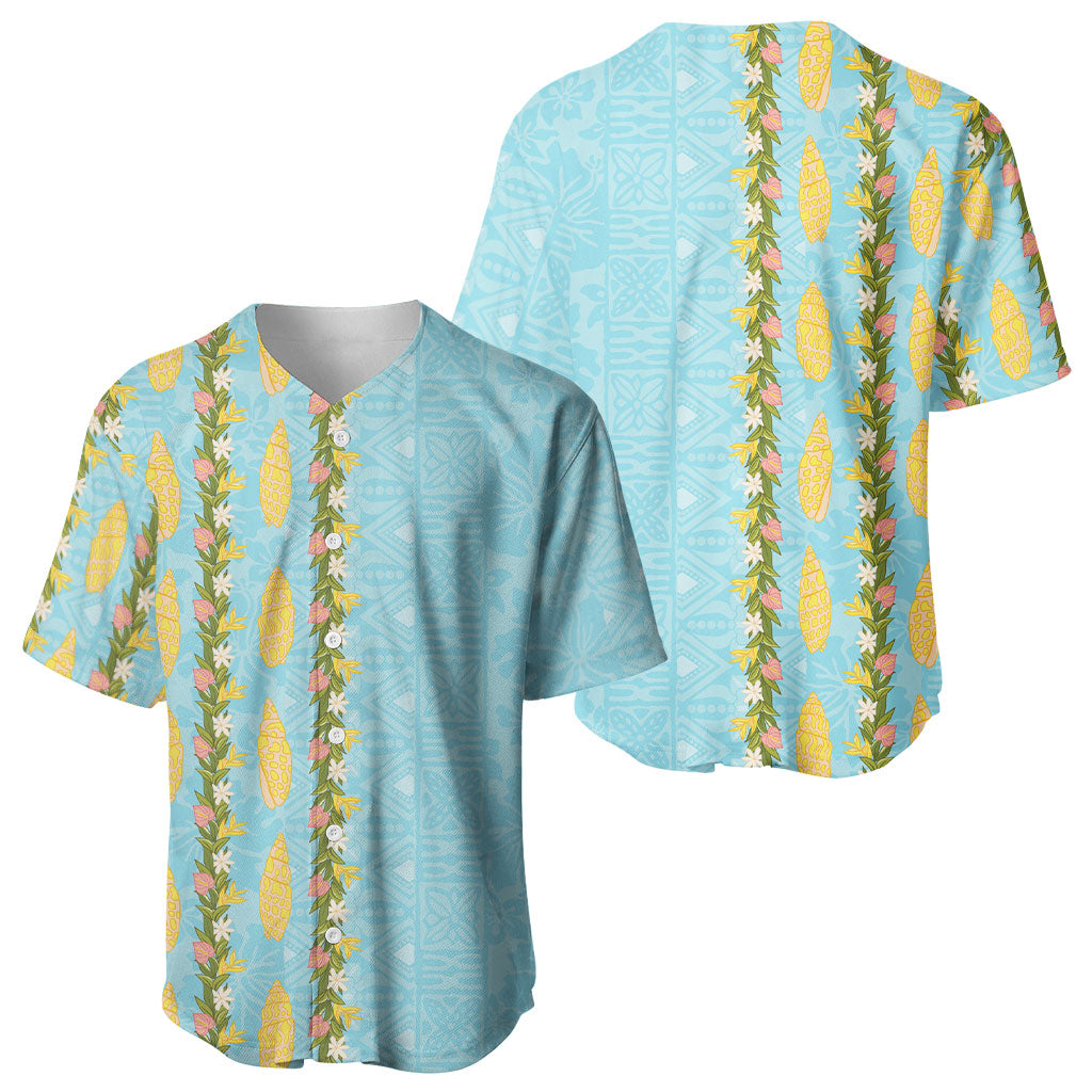 Hawaii Shell Tiare Anthurium Heliconia Lei Baseball Jersey With Tapa Pattern Baby Blue