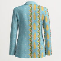 Hawaii Shell Tiare Anthurium Heliconia Lei Blazer With Tapa Pattern Baby Blue