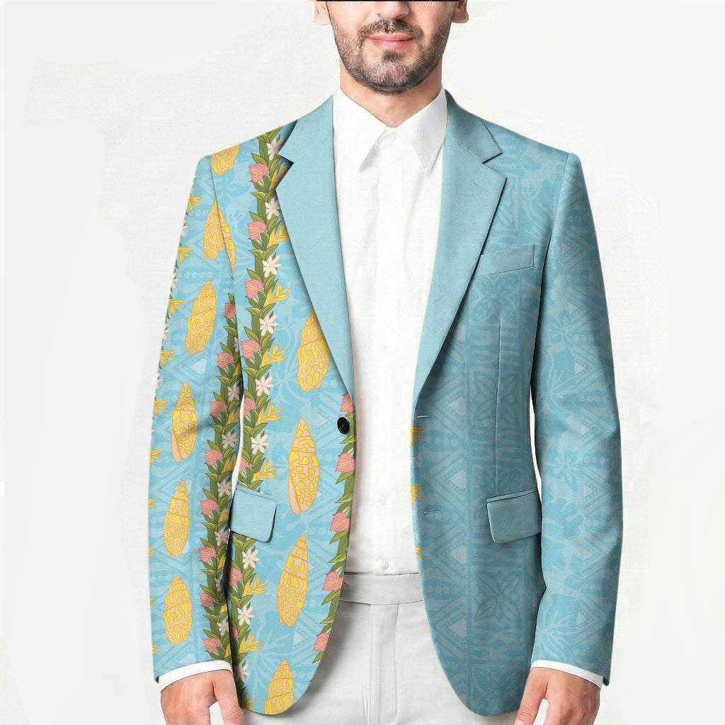Hawaii Shell Tiare Anthurium Heliconia Lei Blazer With Tapa Pattern Baby Blue