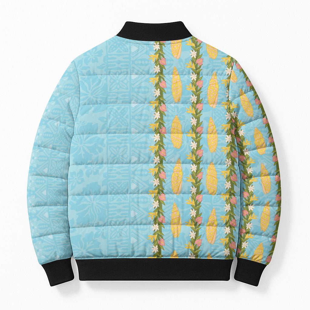Hawaii Shell Tiare Anthurium Heliconia Lei Bomber Puffer Jacket With Tapa Pattern Baby Blue