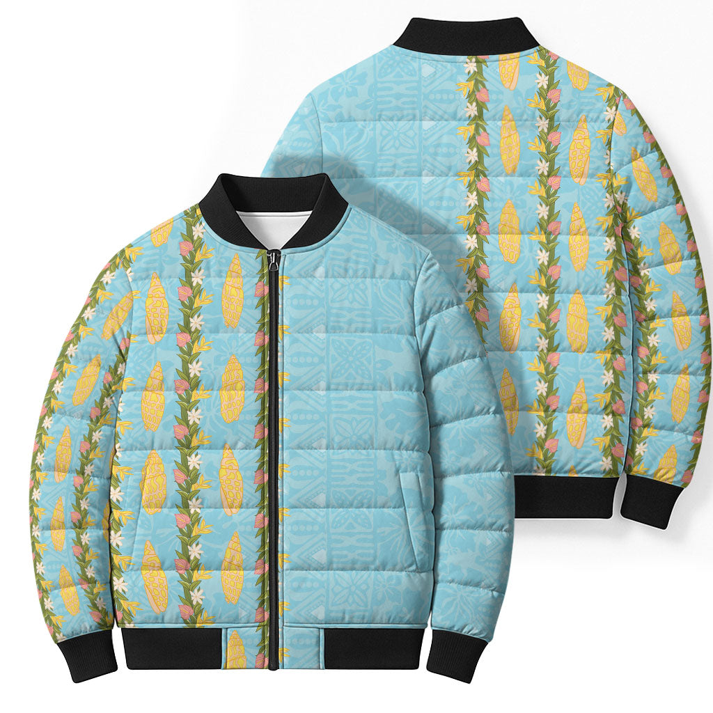 Hawaii Shell Tiare Anthurium Heliconia Lei Bomber Puffer Jacket With Tapa Pattern Baby Blue