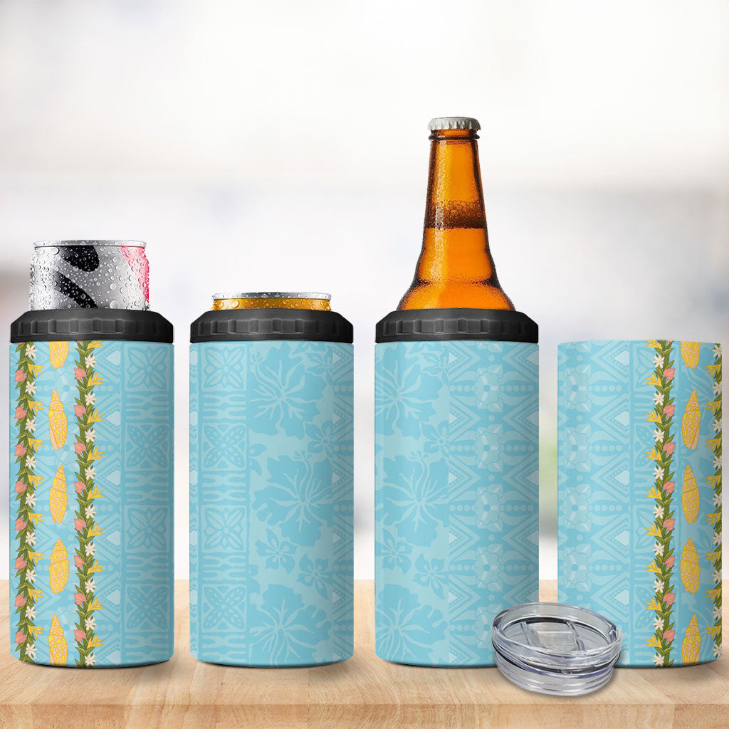Hawaii Shell Tiare Anthurium Heliconia Lei 4 in 1 Can Cooler Tumbler With Tapa Pattern Baby Blue