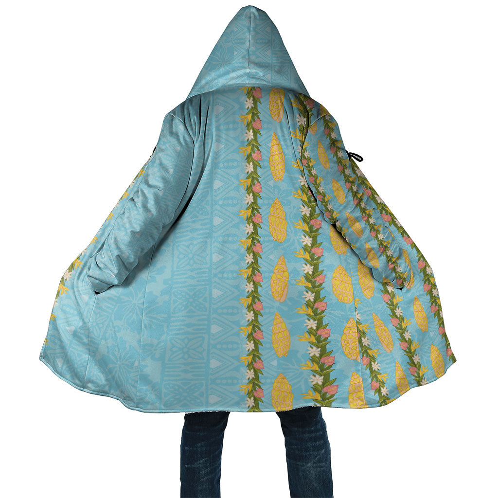 Hawaii Shell Tiare Anthurium Heliconia Lei Cloak With Tapa Pattern Baby Blue