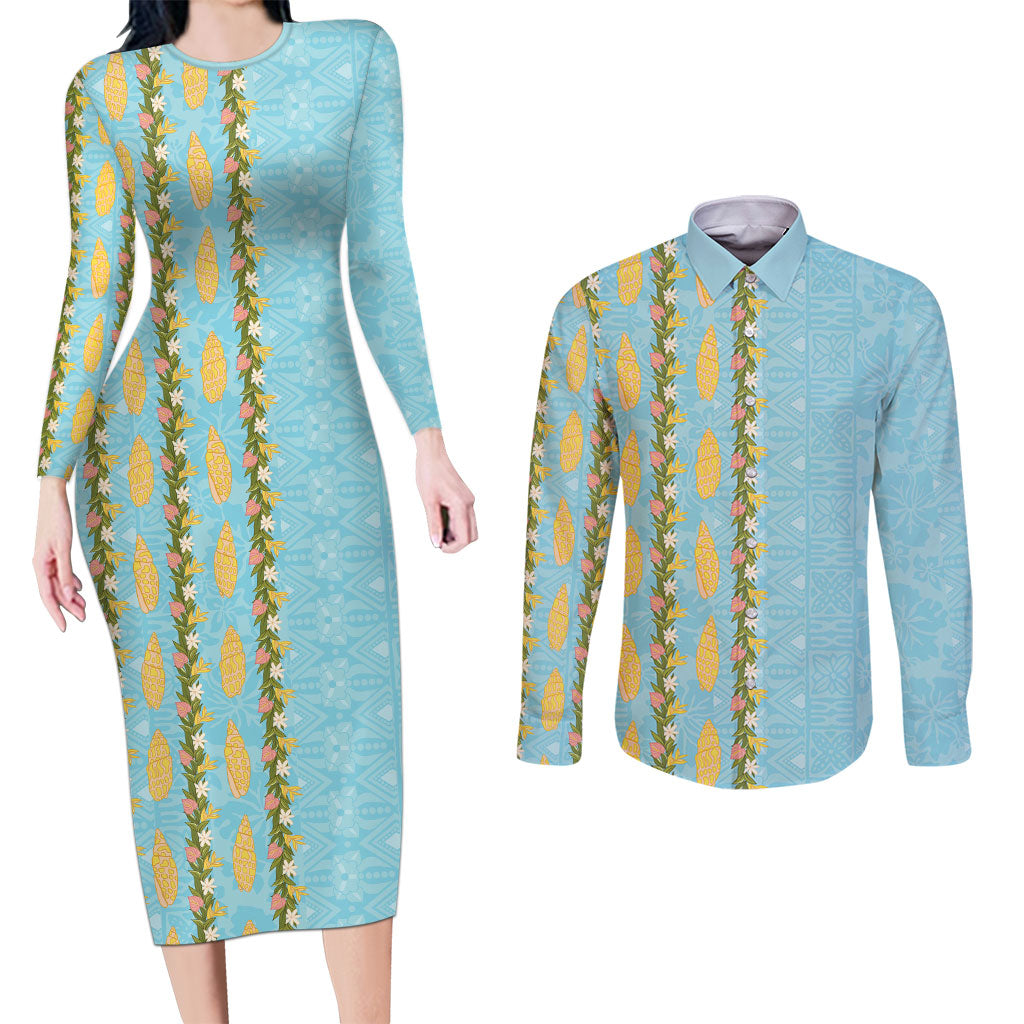 Hawaii Shell Tiare Anthurium Heliconia Lei Couples Matching Long Sleeve Bodycon Dress and Long Sleeve Button Shirt With Tapa Pattern Baby Blue