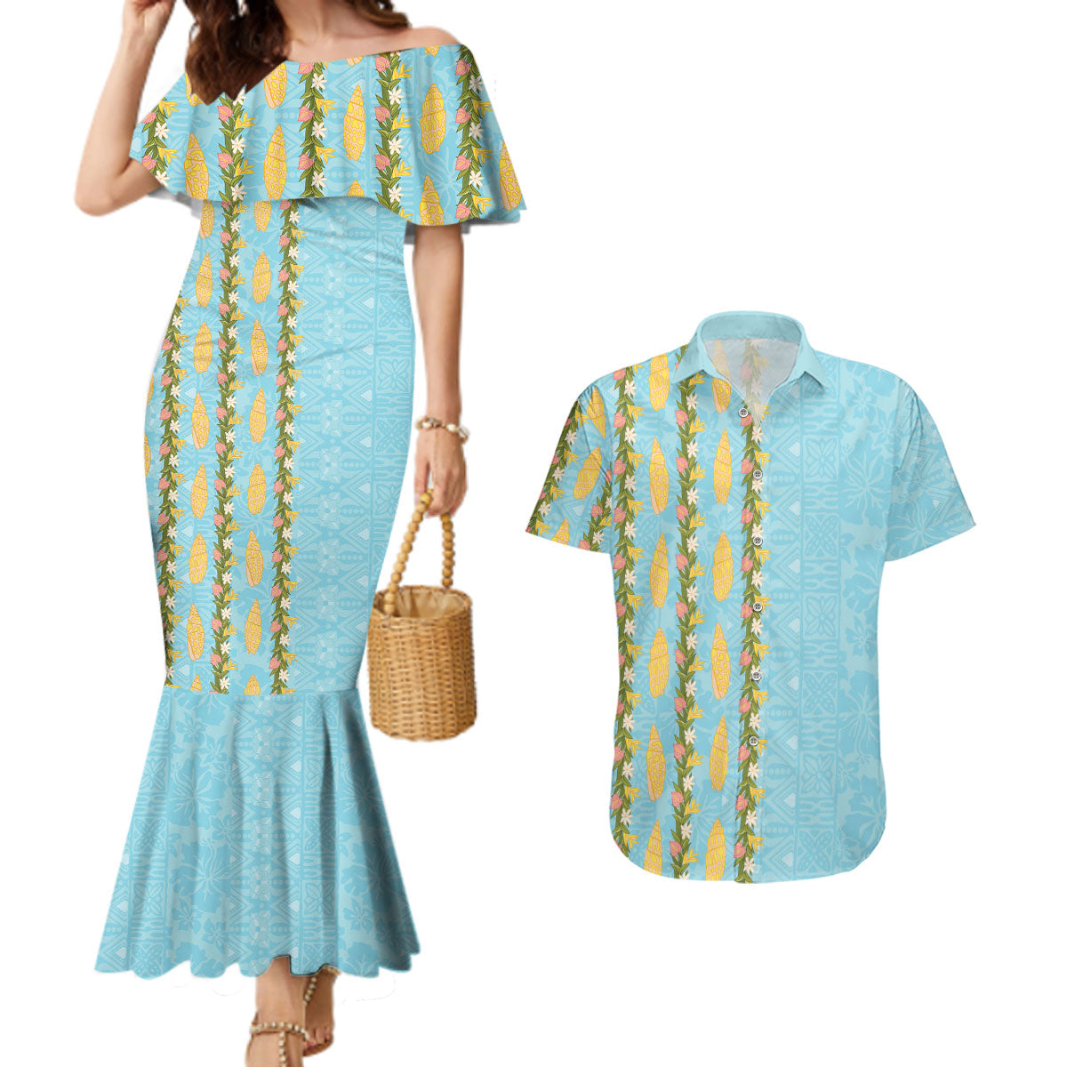 Hawaii Shell Tiare Anthurium Heliconia Lei Couples Matching Mermaid Dress and Hawaiian Shirt With Tapa Pattern Baby Blue
