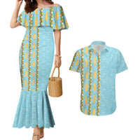 Hawaii Shell Tiare Anthurium Heliconia Lei Couples Matching Mermaid Dress and Hawaiian Shirt With Tapa Pattern Baby Blue