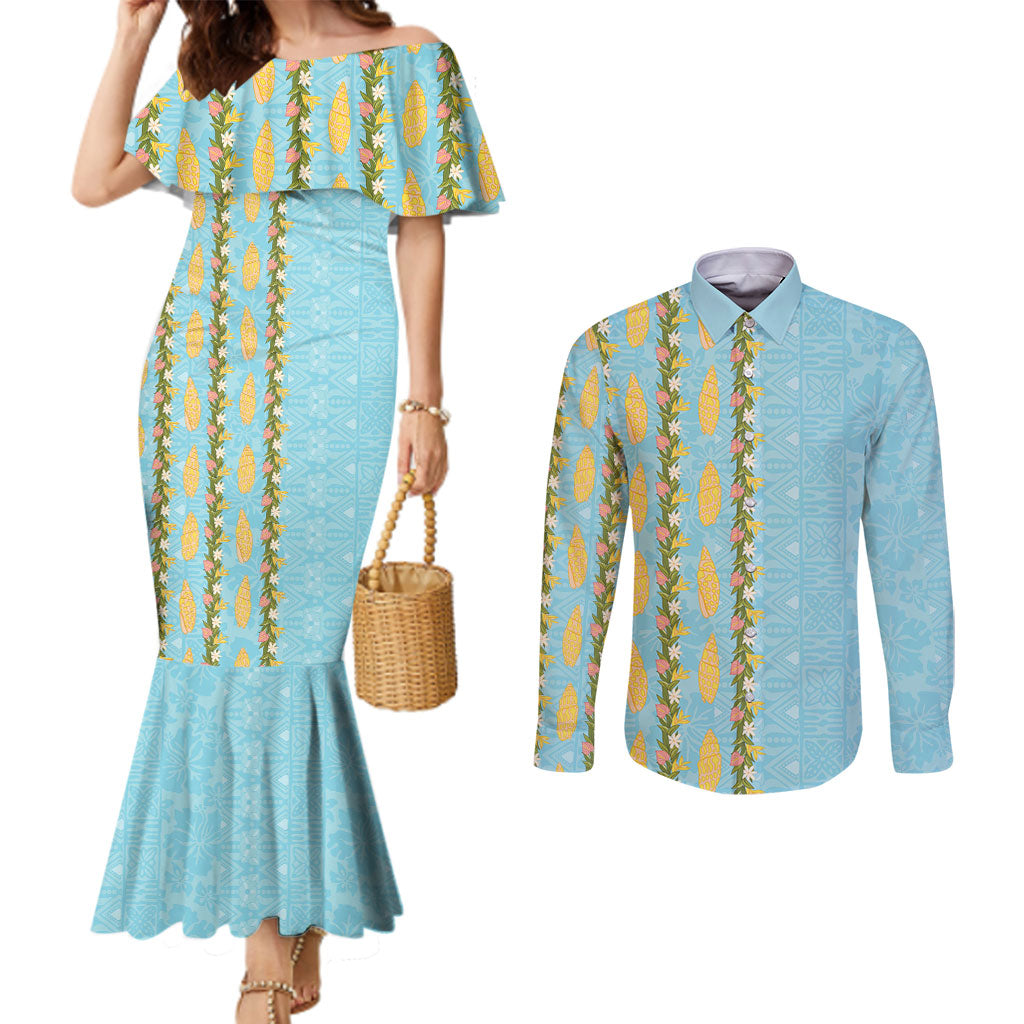 Hawaii Shell Tiare Anthurium Heliconia Lei Couples Matching Mermaid Dress and Long Sleeve Button Shirt With Tapa Pattern Baby Blue