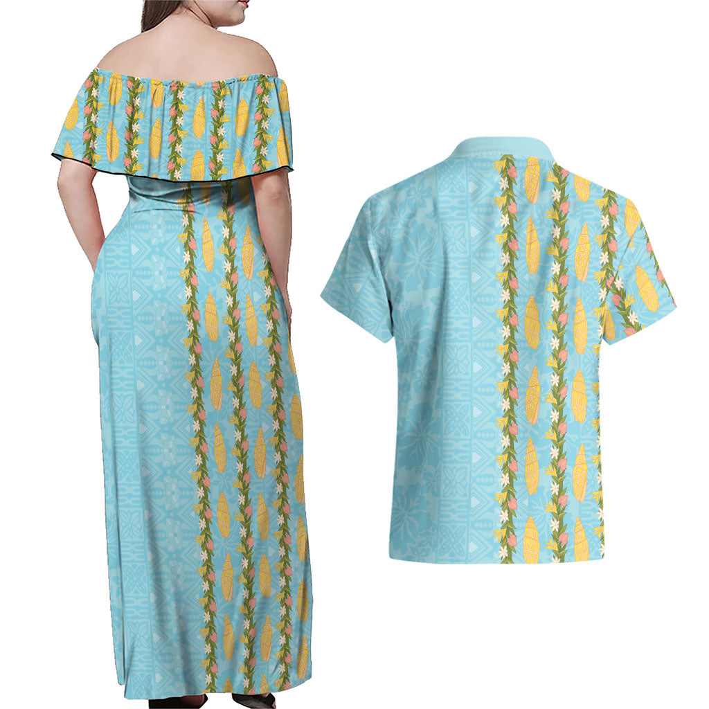 Hawaii Shell Tiare Anthurium Heliconia Lei Couples Matching Off Shoulder Maxi Dress and Hawaiian Shirt With Tapa Pattern Baby Blue