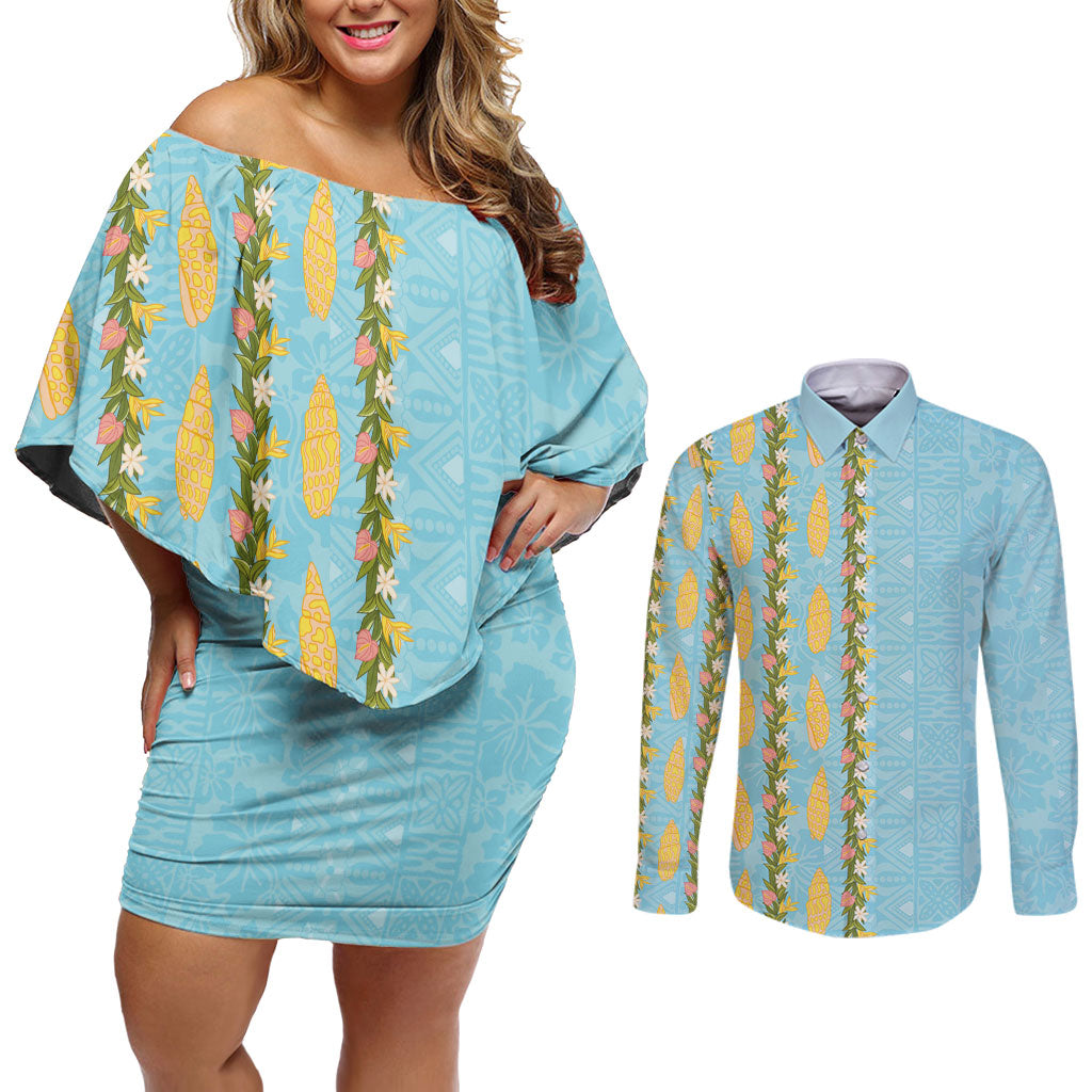 Hawaii Shell Tiare Anthurium Heliconia Lei Couples Matching Off Shoulder Short Dress and Long Sleeve Button Shirt With Tapa Pattern Baby Blue
