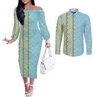 Hawaii Shell Tiare Anthurium Heliconia Lei Couples Matching Off The Shoulder Long Sleeve Dress and Long Sleeve Button Shirt With Tapa Pattern Baby Blue