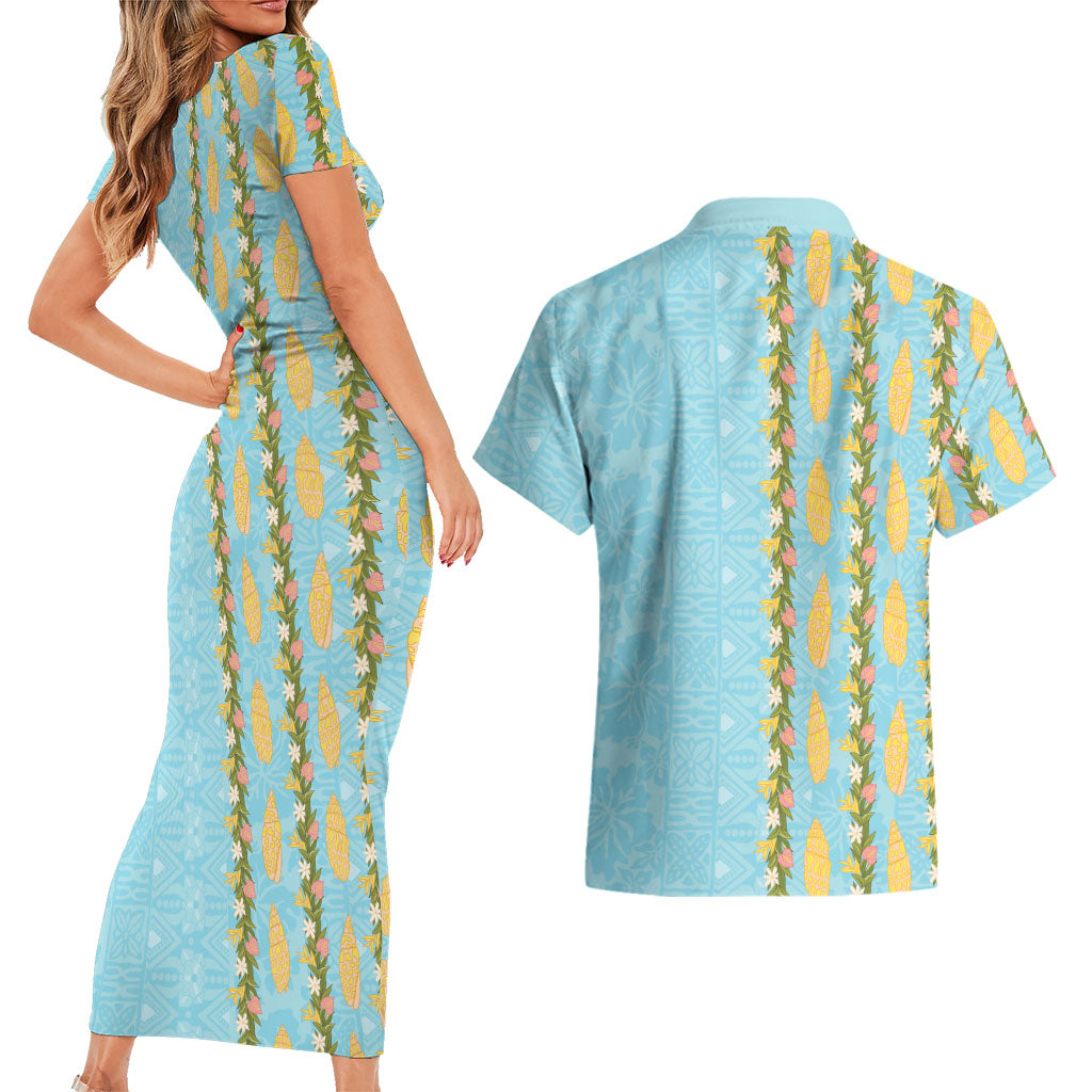 Hawaii Shell Tiare Anthurium Heliconia Lei Couples Matching Short Sleeve Bodycon Dress and Hawaiian Shirt With Tapa Pattern Baby Blue