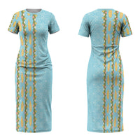 Hawaii Shell Tiare Anthurium Heliconia Lei Couples Matching Short Sleeve Bodycon Dress and Hawaiian Shirt With Tapa Pattern Baby Blue LT05 - Polynesian Pride