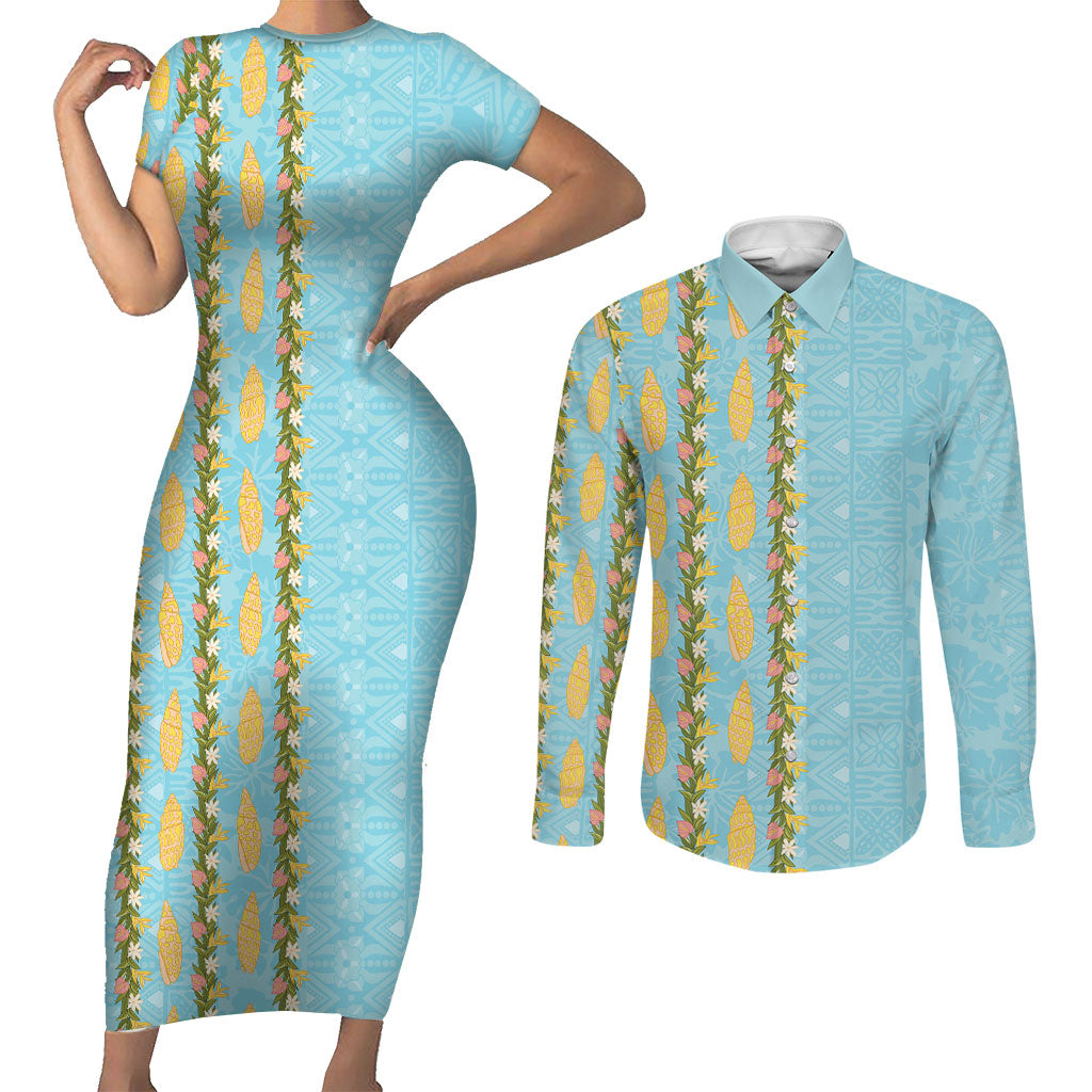Hawaii Shell Tiare Anthurium Heliconia Lei Couples Matching Short Sleeve Bodycon Dress and Long Sleeve Button Shirt With Tapa Pattern Baby Blue
