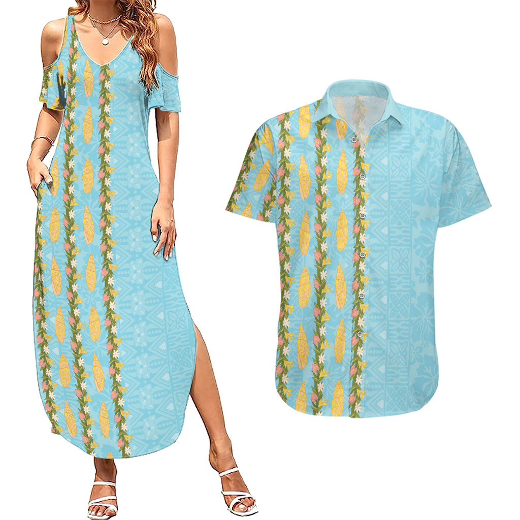 Hawaii Shell Tiare Anthurium Heliconia Lei Couples Matching Summer Maxi Dress and Hawaiian Shirt With Tapa Pattern Baby Blue