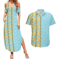 Hawaii Shell Tiare Anthurium Heliconia Lei Couples Matching Summer Maxi Dress and Hawaiian Shirt With Tapa Pattern Baby Blue