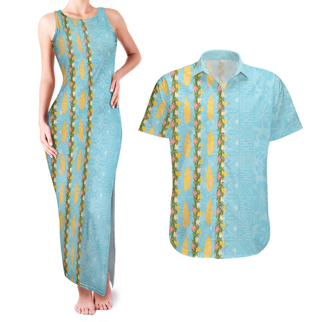 Hawaii Shell Tiare Anthurium Heliconia Lei Couples Matching Tank Maxi Dress and Hawaiian Shirt With Tapa Pattern Baby Blue
