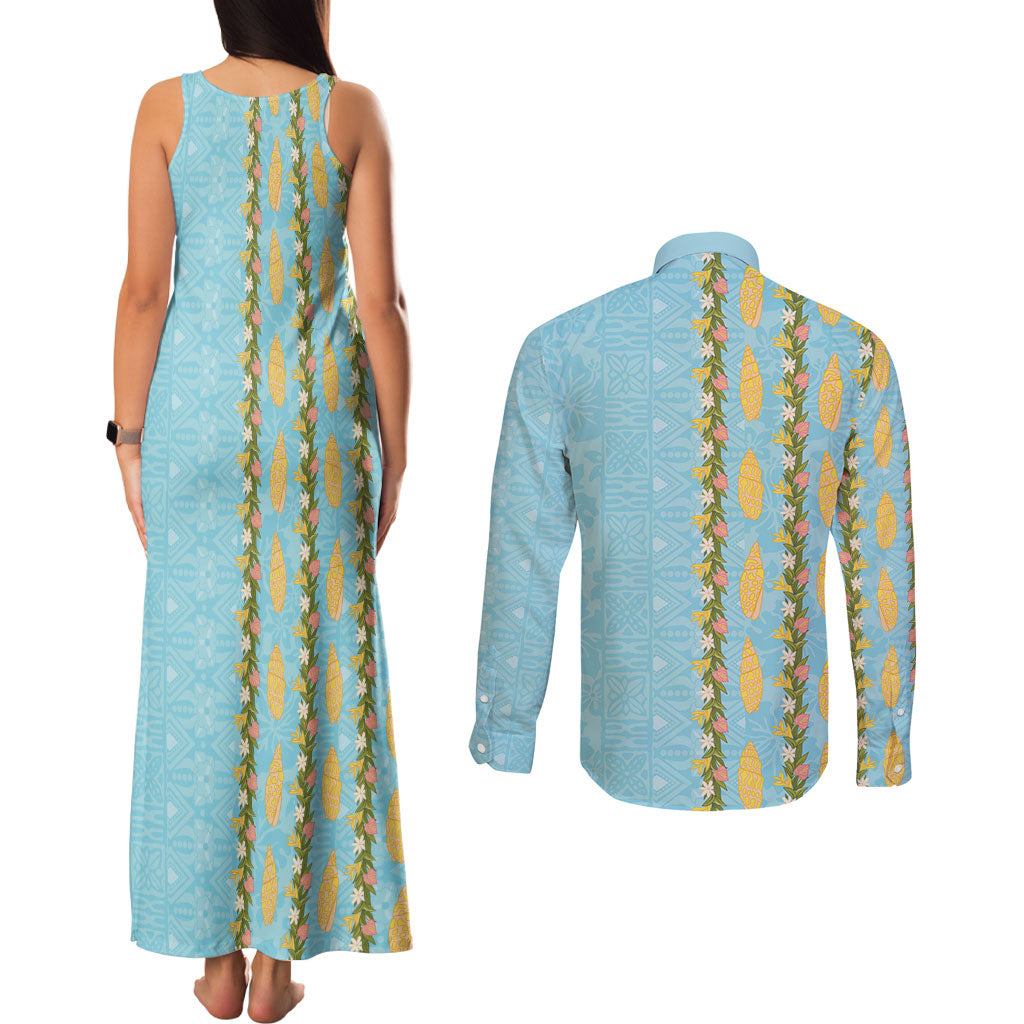 Hawaii Shell Tiare Anthurium Heliconia Lei Couples Matching Tank Maxi Dress and Long Sleeve Button Shirt With Tapa Pattern Baby Blue