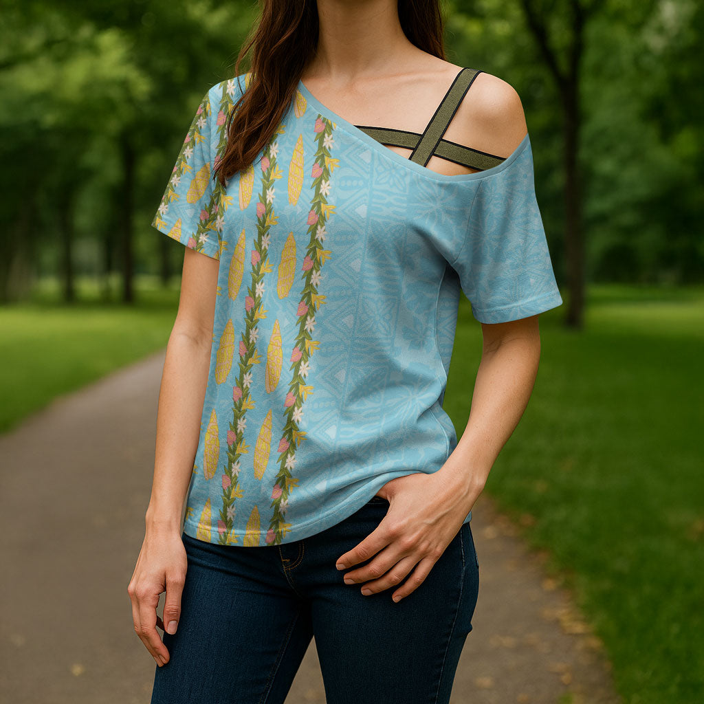 Hawaii Shell Tiare Anthurium Heliconia Lei Cross Shoulder Shirt With Tapa Pattern Baby Blue