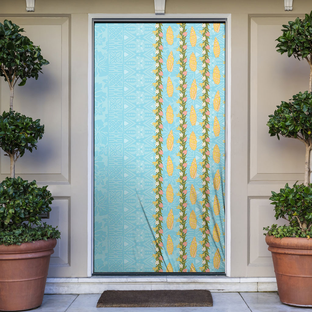 Hawaii Shell Tiare Anthurium Heliconia Lei Door Cover With Tapa Pattern Baby Blue