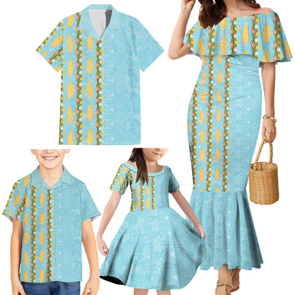 Hawaii Shell Tiare Anthurium Heliconia Lei Family Matching Mermaid Dress and Hawaiian Shirt With Tapa Pattern Baby Blue