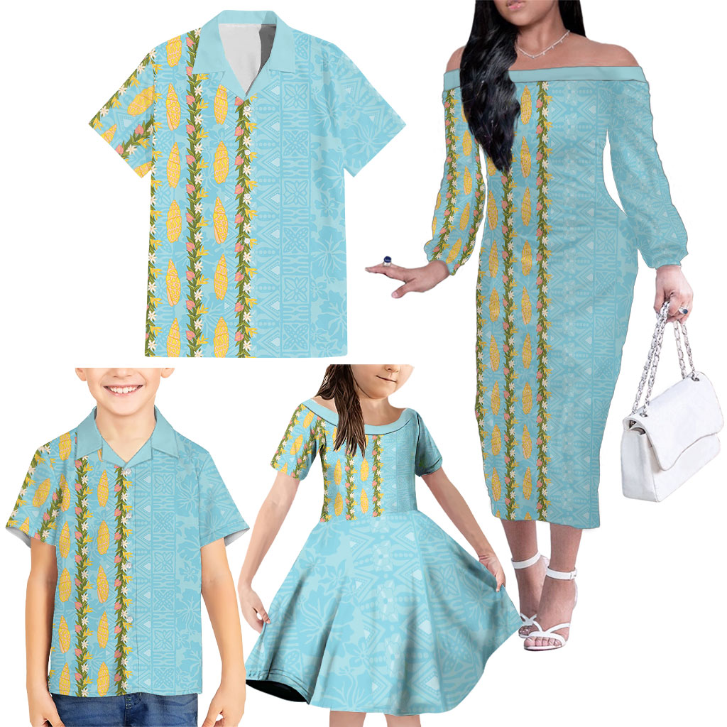 Hawaii Shell Tiare Anthurium Heliconia Lei Family Matching Off The Shoulder Long Sleeve Dress and Hawaiian Shirt With Tapa Pattern Baby Blue