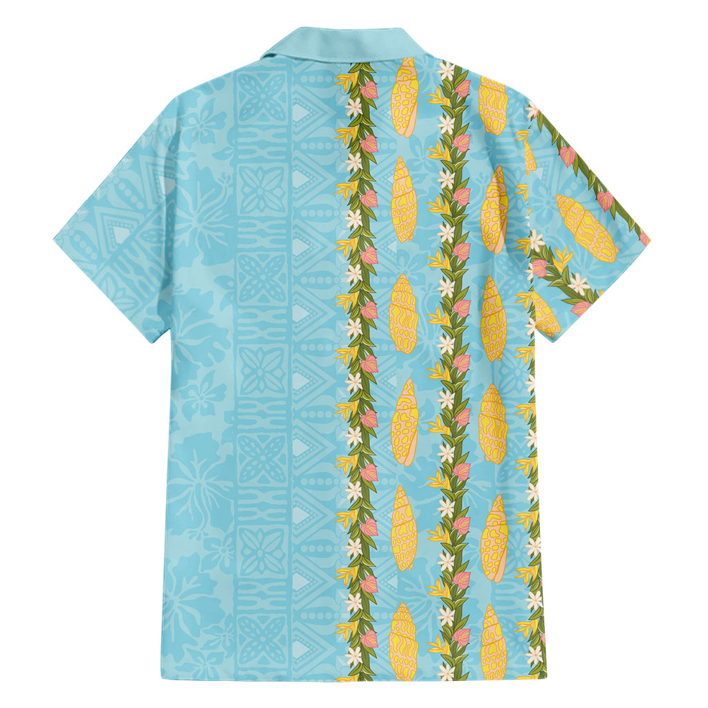 Hawaii Shell Tiare Anthurium Heliconia Lei Family Matching Off Shoulder Short Dress and Hawaiian Shirt With Tapa Pattern Baby Blue