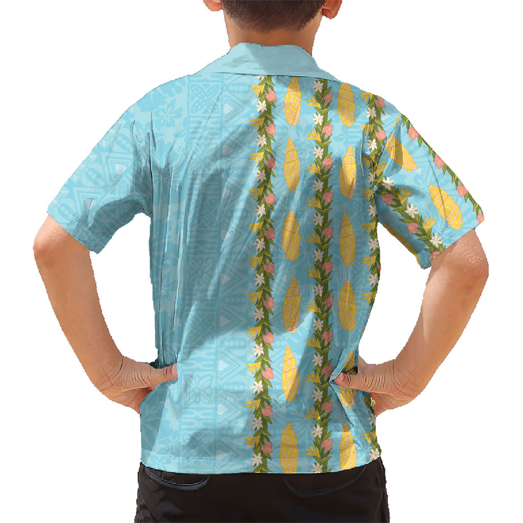 Hawaii Shell Tiare Anthurium Heliconia Lei Family Matching Puletasi and Hawaiian Shirt With Tapa Pattern Baby Blue