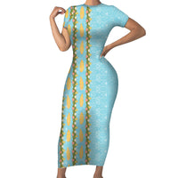Hawaii Shell Tiare Anthurium Heliconia Lei Family Matching Short Sleeve Bodycon Dress and Hawaiian Shirt With Tapa Pattern Baby Blue